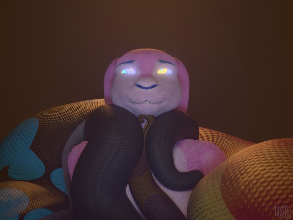 A pink anthropomorphic bunny, viewed from the front and gazing upwards past the camera. Her eyes glow with hypnotic colours, her body surrounded by thick serpent coils. Two large coils squeeze the bunny inwards from either side, while another drapes itself around her neck like a scarf, and a fourth trails up her chest to prop up her chin. The background is empty except for a warm orange glow.