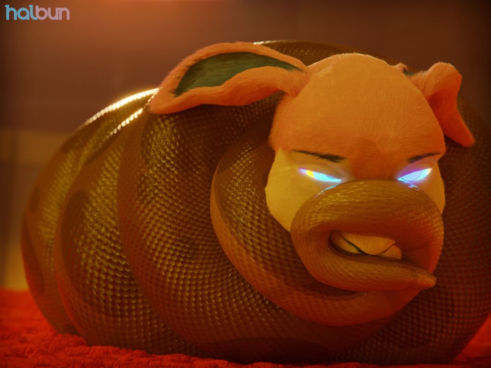 An anthropomorphic pink and blue rabbit coiled in the thick spotted brown tail of a serpent, it's body coiled snugly up to her neck as she lays down in her cocoon, the tip of the serpent's tail wrapped around her muzzle while her eyes glow with vibrant hypnotic rings of colour.
