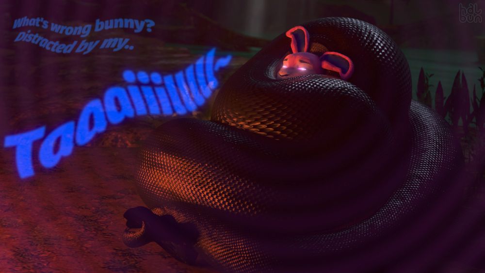 A pink anthropomorphic rabbit with blue inner lop ears, held snugly within a heavy mound of dark, slithering, shiny snake coils. Her eyes glow brightly with pink hypnotic energy. She's slumped, sleepy, weakened beneath the crushing embrace of the serpent, with just her head poking free from the top of her cocoon, a huge comfy coil wrapped around the back of her head like a pillow. The dialogue reads: "What's wrong bunny? Distracted by my.. taaaiiilllll~"