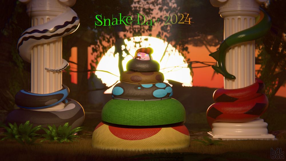 A temple illuminated by sunset, with two large marble pillars on either side of the image. In the middle is a pink anthropomorphic rabbit, heavily entombed in multiple layers of thick serpent coils, all owning to different snakes. Various other tails slither around the pillars. The text at the top middle reads "Snake Day 2024".