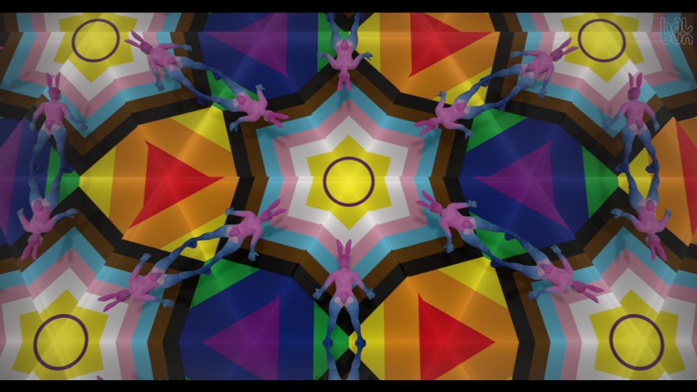 A pink and blue anthropomorphic rabbit standing in a prism of mirrors, reflecting herself along with a pride flag at the end of the tunnel, forming a kalidoscope effect.