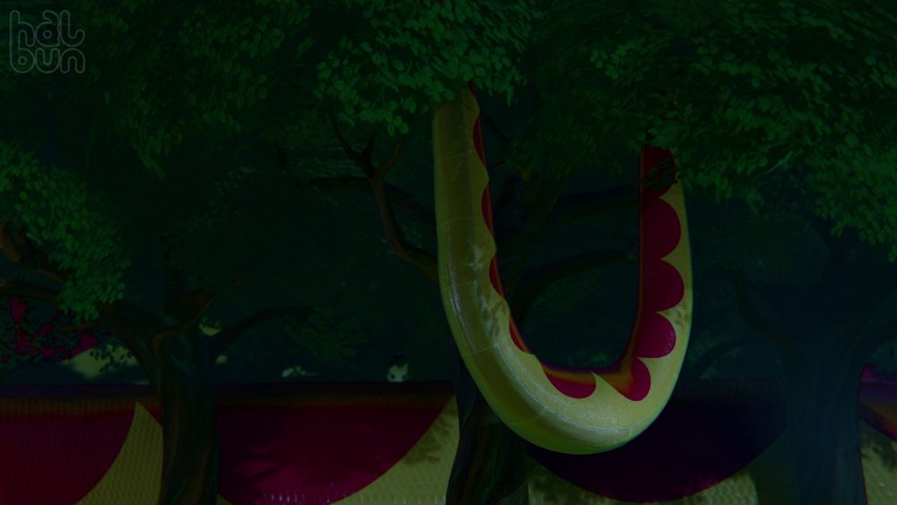 A still image of a serpent's heavy coils dangling from a tree in the jungle. The snake has yellow coils, with red markings. The middle of his coils dangling down contains a bulge, squirming and gurgling away. In the background even larger coils can be seen, implying a very large serpent.