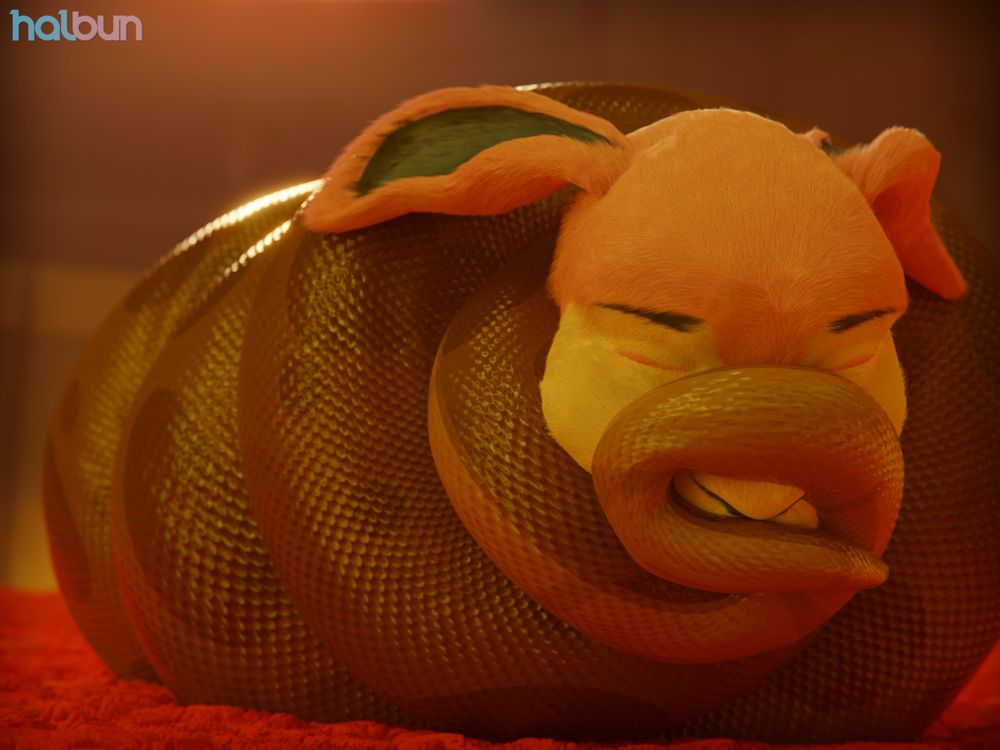 An anthropomorphic pink and blue rabbit coiled in the thick spotted brown tail of a serpent, it's body coiled snugly up to her neck as she lays down in her cocoon, the tip of the serpent's tail wrapped around her muzzle while she sleeps peacefully.