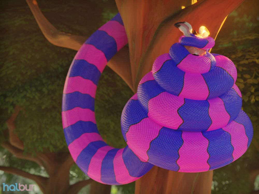 An anthropomorphic white-furred hare in the striped purple and pink coils of a serpent, the snake styled after the Cheshire Cat from Alice In Wonderland. The hare is being hoisted into the trees of a luscious jungle, cocooned in thick shiny scales with just his mouth and ears peeking free from the heavy loops of snake tail coiled around him.