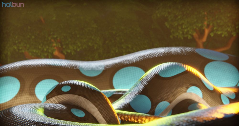 A forest filled with enormous grey and blue-spotted snake coils, consuming the landscape and obscuring the ground, pouring over each-other like ocean waves, with the background in soft focus and light shimmering off the scales.