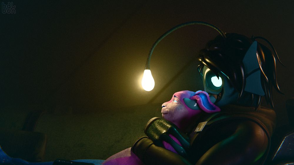 Sebastian Solace, an anthropomorphic angler fish from the Roblox Game 'Pressure', laid back with a pink anthro bunny slumped against his chest, her eyes staring at the entrancing angler light swaying in-front of her face. Sebastian's tail loops around in the background, encircling the two. Sebastian's tongue gently licks and tastes at the bunny's cheek, his arms wrapped around her chest and shoulders tenderly.