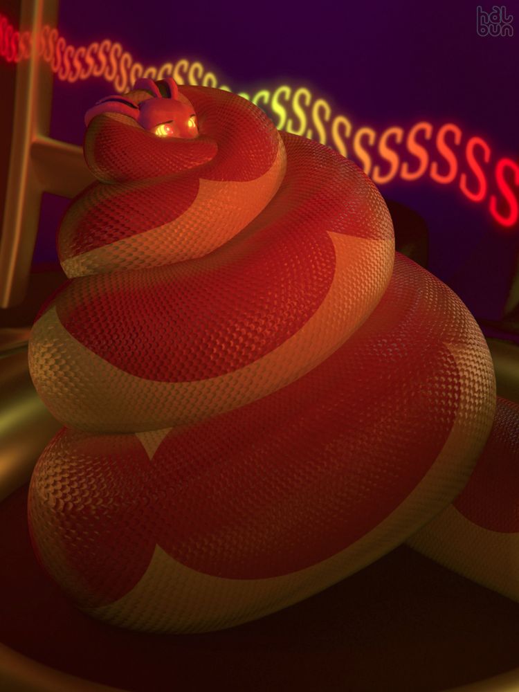 A pink anthro rabbit wrapped in the heavy and thick coils of a yellow serpent with red spots. The bunny's eyes spiral brightly with hypnotic red and yellow rings, staring at wherever that tail leads offscreen. In the background there's some onomatopoeia depicting the serpent loudly hissing through the bunny's ears.