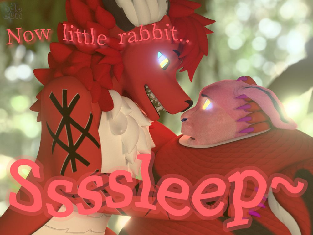 An anthropomorphic bunny held in the long and thick tail of an anthro snolf, gazing up into his eyes as she's snugly squeezed up to her cheeks in his coils. With one hand on the back of her head, he says "Now little rabbit.. ssssleep~".