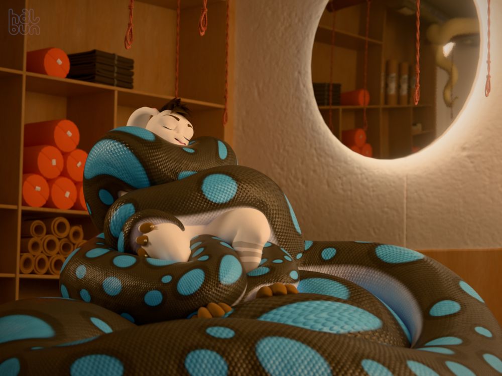 An anthropomorphic rabbit with white fur and dark hair, cradled in the heavy thick loops of a dark grey and blue-spotted serpent, snoozing soundly. In the mirror (top right) a yellow tail can be seen sneaking down.