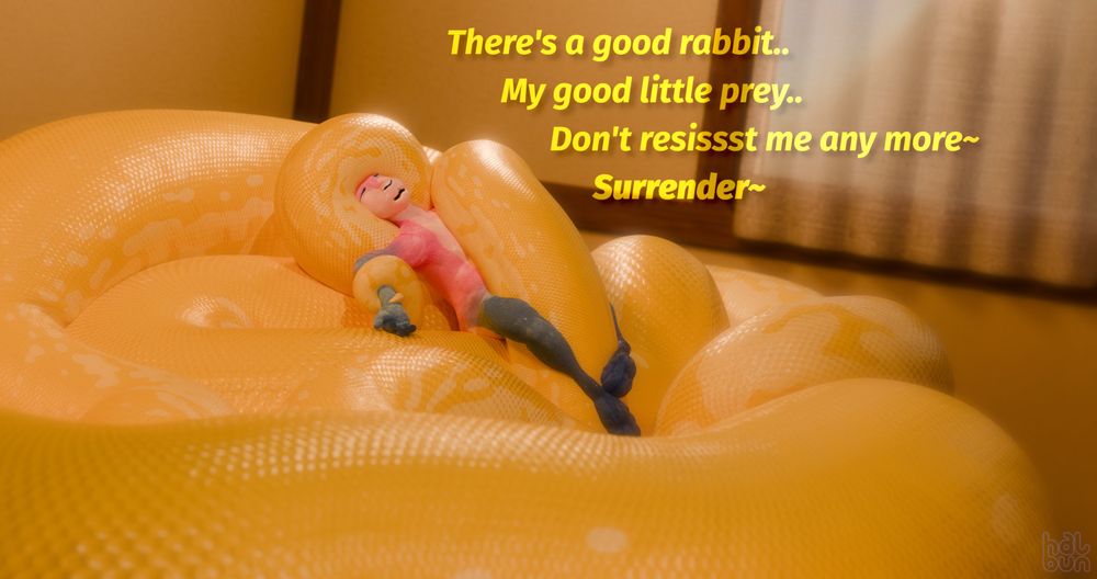 An anthropomorphic rabbit partially wrapped in the bulky yellow coils of a feral serpent. One particularly thick section of coils is wedged between her thighs, causing her to wrap her legs around it and moan in pleasure. There's some speech that reads "There's a good rabbit. My good little prey. Don't resist me any more. Surrender."