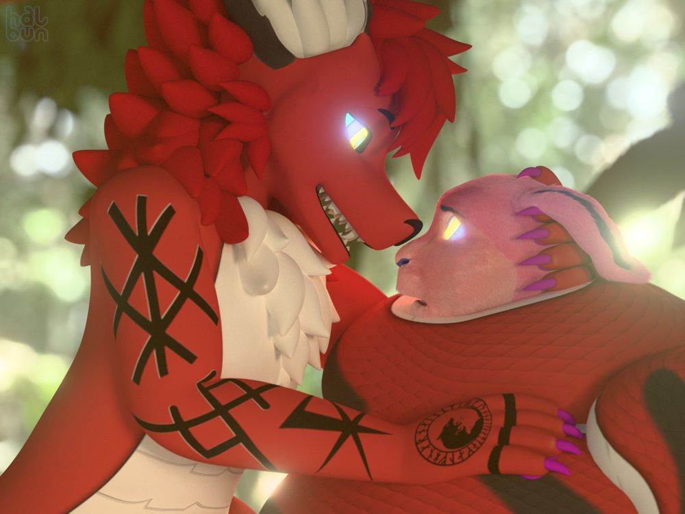 An anthropomorphic bunny held in the long and thick tail of an anthro snolf, gazing up into his eyes as she's snugly squeezed up to her cheeks in his coils with one hand on the back of her head. No text.