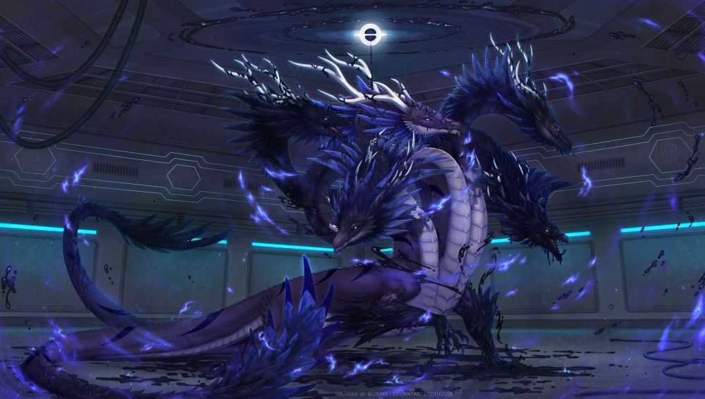 A five headed hydra manifesting from black goo. The scene takes place inside a space ship cargo hold. There is a white hole above the hydra and black goo drops and blue flames floating around the hydra. 