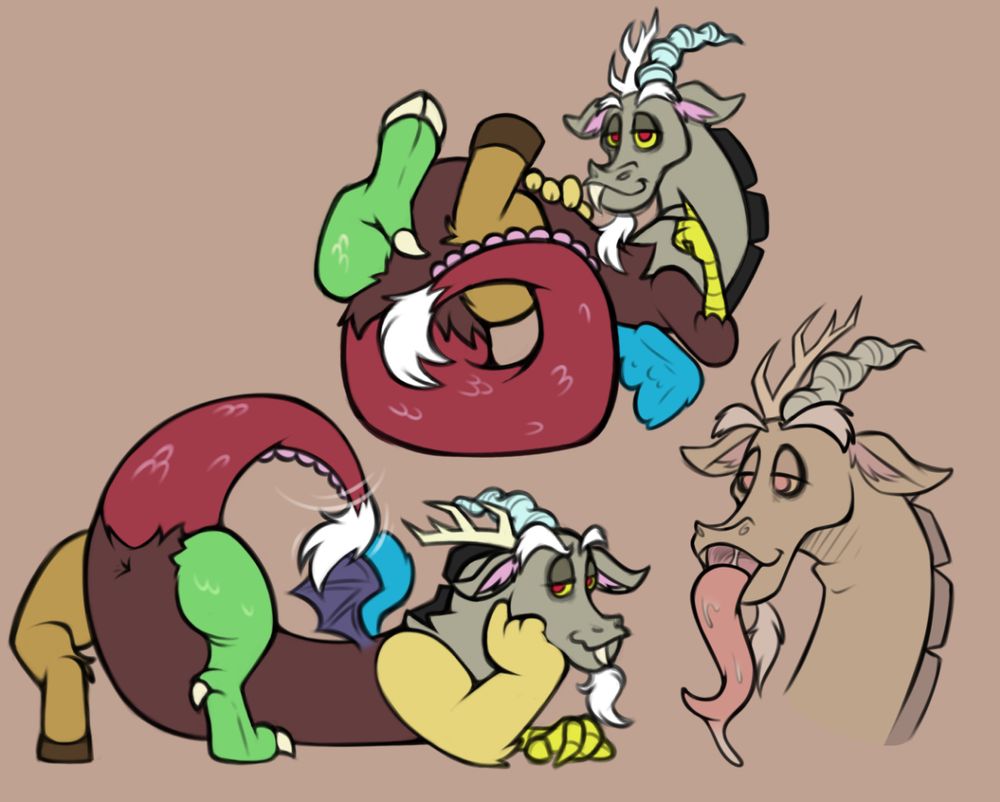 Three NSFW drawings of Discord from MLP. Top is Discord on his back in a suggestive pose, propped up on his tail. The bottom left is him on his stomach, tail raised, showing off his hole, looking back expectantly. The bottom right his a doodle of his head, long, drooling tongue hanging out.