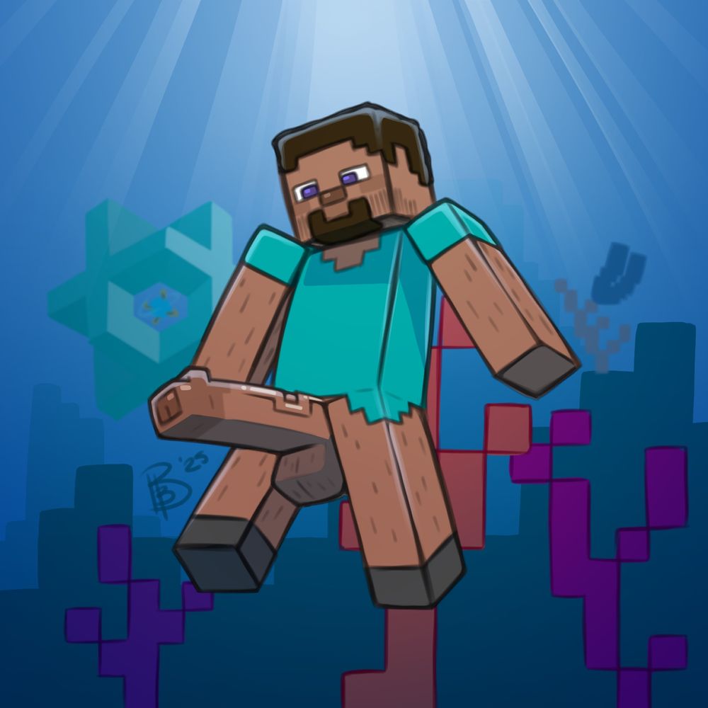 NSFW art of Minecraft Steve swimming in a coral reef, light breaching the surface of the water above him. His pants can be seen in the background, caught on a piece of coral, leaving him bottomless, his massive, blocky cock growing hard. He’ll have plenty of time to take care of it thanks to the conduit in the background giving him water breathing. 