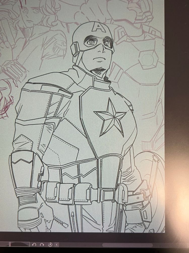 キャプテンアメリカの線画が完成。次はアイアンマンを描く。