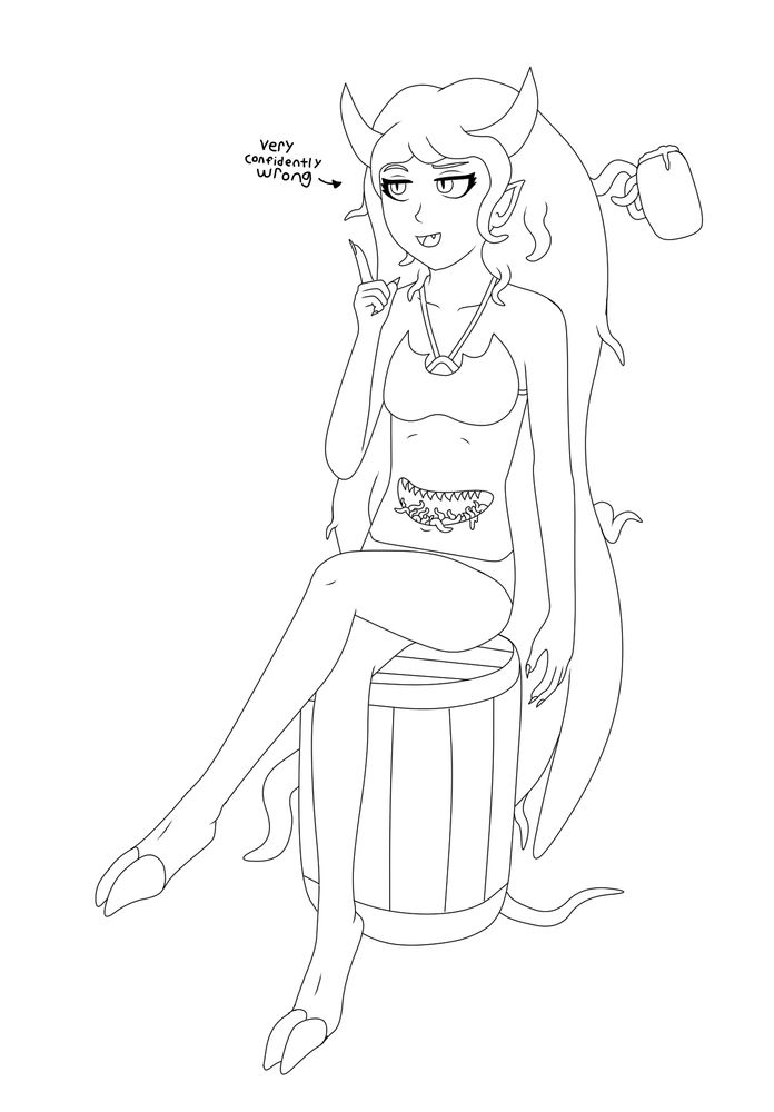 Black-and-White drawing of Sheol, an eldritch girl from the monster girl game I'm never going to complete. She's sitting on a barrel with a smug look on her face, being very confidently wrong about something as she drinks a mug of beer.