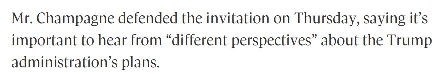 Mr. Champagne defended the invitation on Thursday, saying it’s important to hear from “different perspectives” about the Trump administration’s plans.