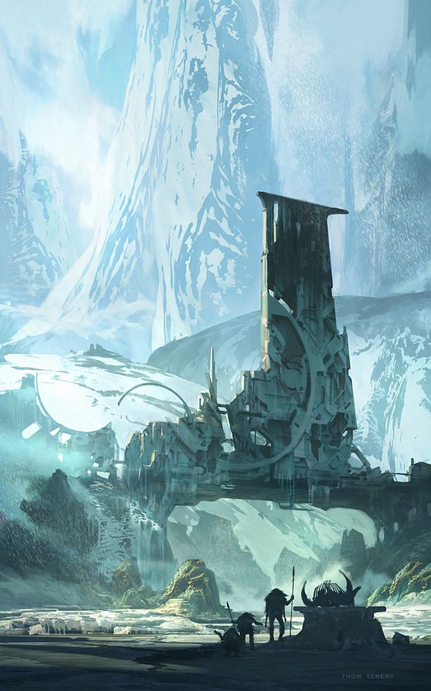 The Keys to December. Illustration of an ancient mechanical structure with a flat vertical tower rising from a bridge-like structure spanning an icy landscape. Vertical towers of icy rock in the background. Foreground silhouette of primitive humanoids apparently offering an animal sacrifice on an alter to this megastructure. The 3 primitives recall the Darwinian 'evolution of man' diagram seen in textbooks depicting the change over time of ape/chimp to homo sapiens.