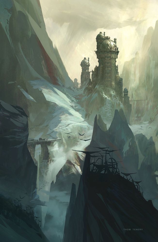 a moody mountain landscape with soaring vertical landforms and a "bronze" tower/fortress on a prominence in the distance. a small caravan crosses a bridge over a gorge. strange plant-forms take flight, apparently fauna.