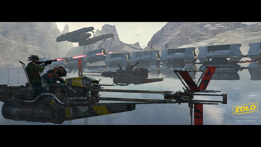 Concept art for Solo, A Star Wars Story: the Imperial Conveyex (train) heist.