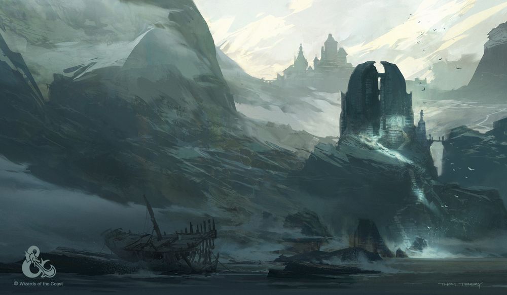 Temple of Umberlee. illustration for WOTC/D&D. moody, rocky coast, shipwreck, temple on rocks partially illuminated by sun, distant town in background in silhouette.