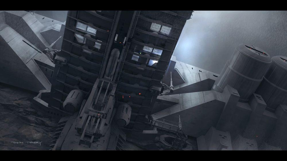 Concept art for the Star Wars film Rogue One. Mountain platform scene.