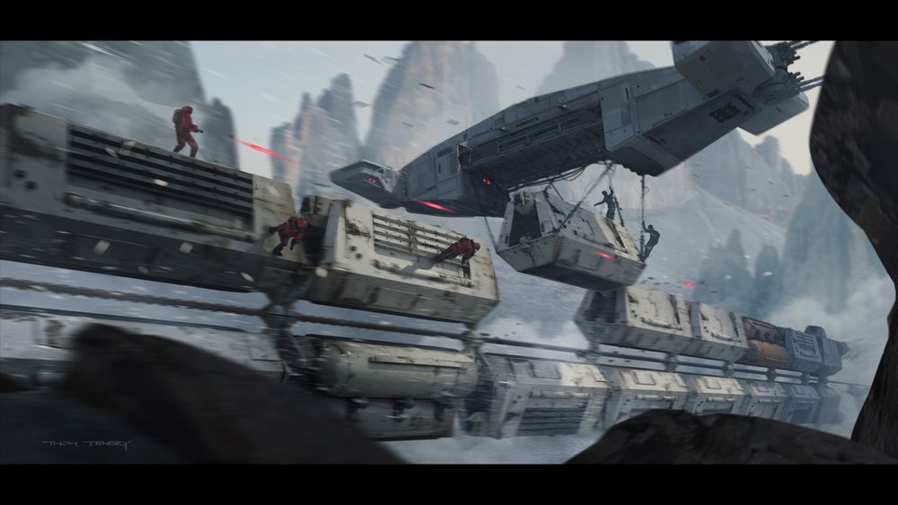 Concept art for Solo, A Star Wars Story: the Imperial Conveyex (train) heist.