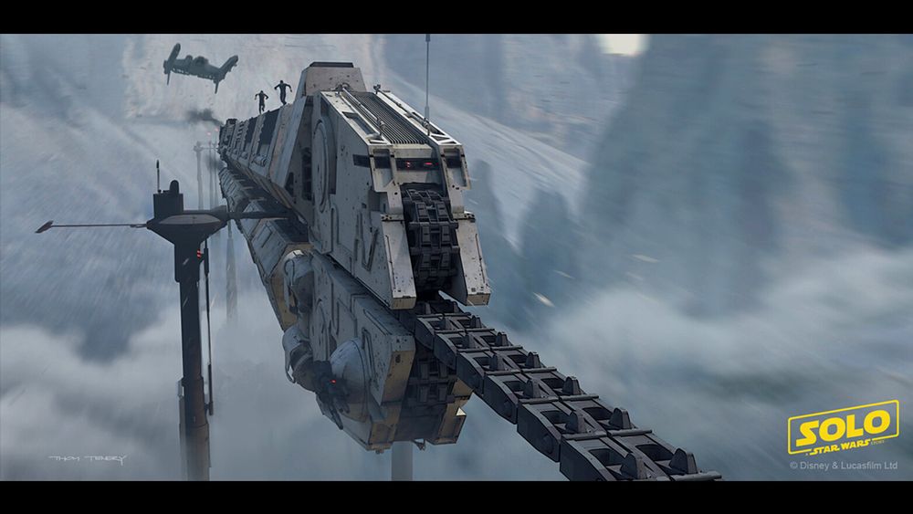 Concept art for Solo, A Star Wars Story: the Imperial Conveyex (train) heist.