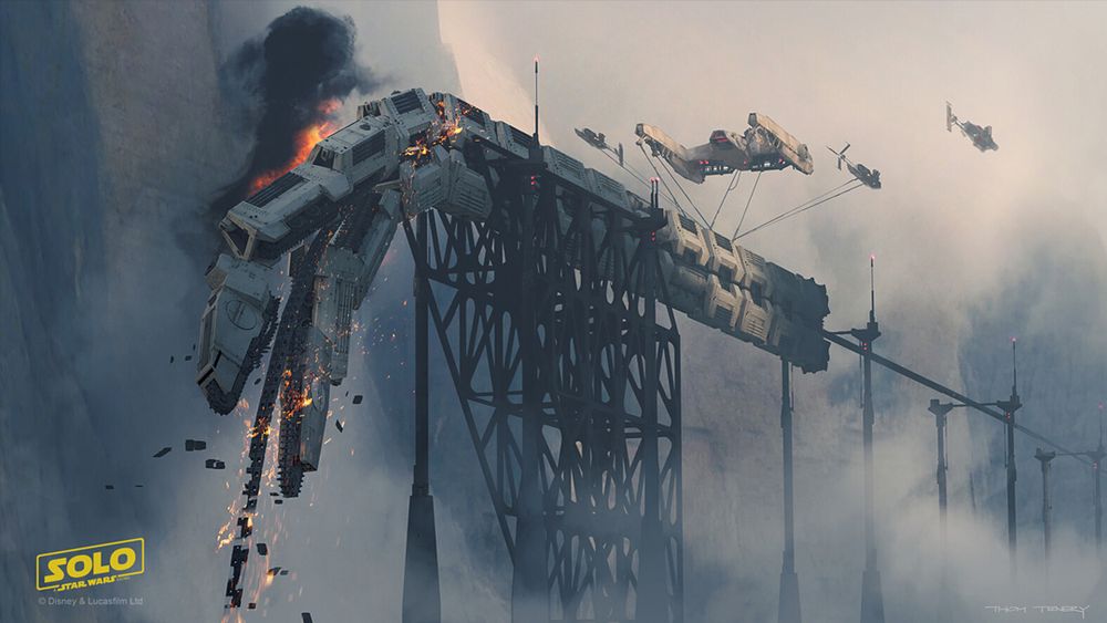 Concept art for Solo, A Star Wars Story: the Imperial Conveyex (train) heist.
