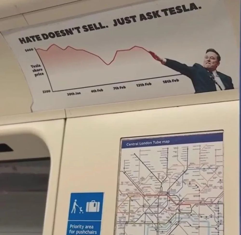 A subway ad showing Tesla sales with the harsh decline perfectly matching the angle of the Nazi salute given by its CEO
“Hate doesn’t sell. Just ask Tesla.”