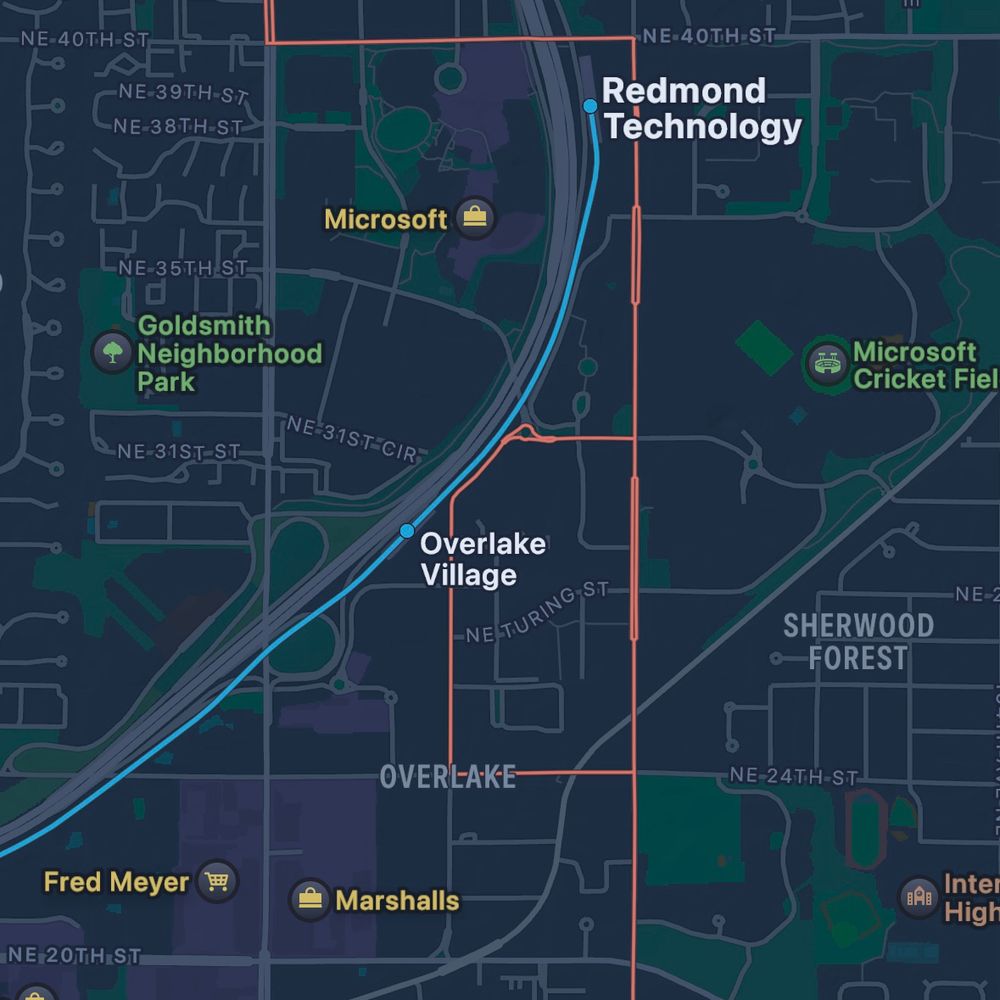 The current B Line routing deviates to go right by Overlake Village Station, Apple Maps now shows both the current routing and the new routing (as of May 10) which will skip the deviation and offer a more direct route.