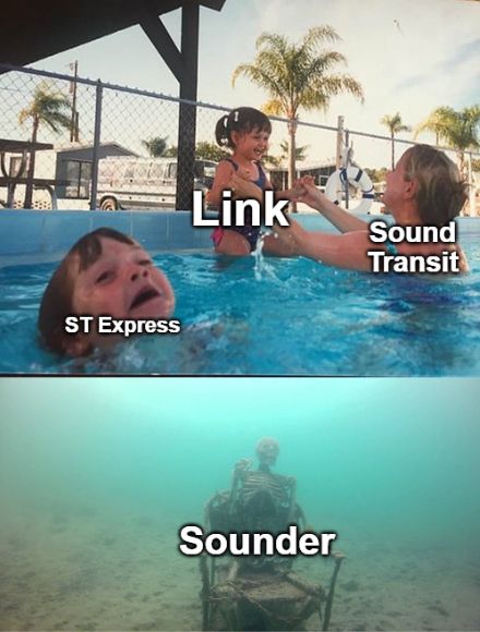 The drowning kid meme. Sound Transit (the mother) holds Link (the baby) up high while ST Express (other child) is seen struggling to stay above the water. Meanwhile under the water lies Sounder (skeleton remains)