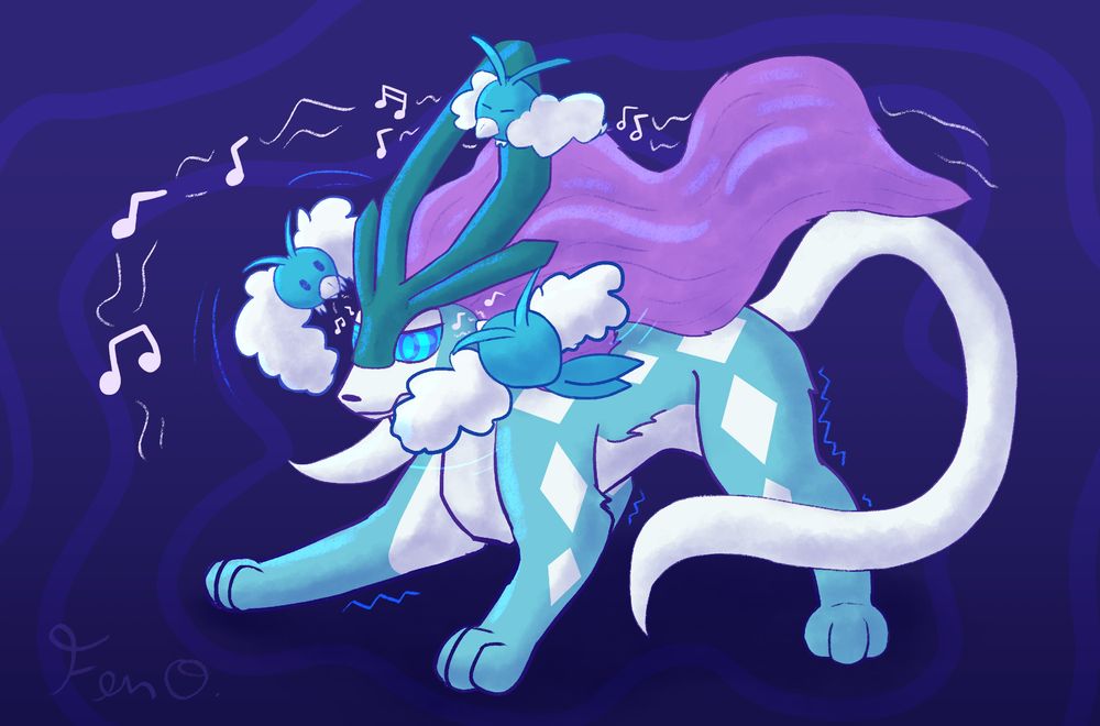 Multiple Swablu around a Suicune's head, singing and hypnotizing the legendary. There are vague musical notes displayed around the characters.