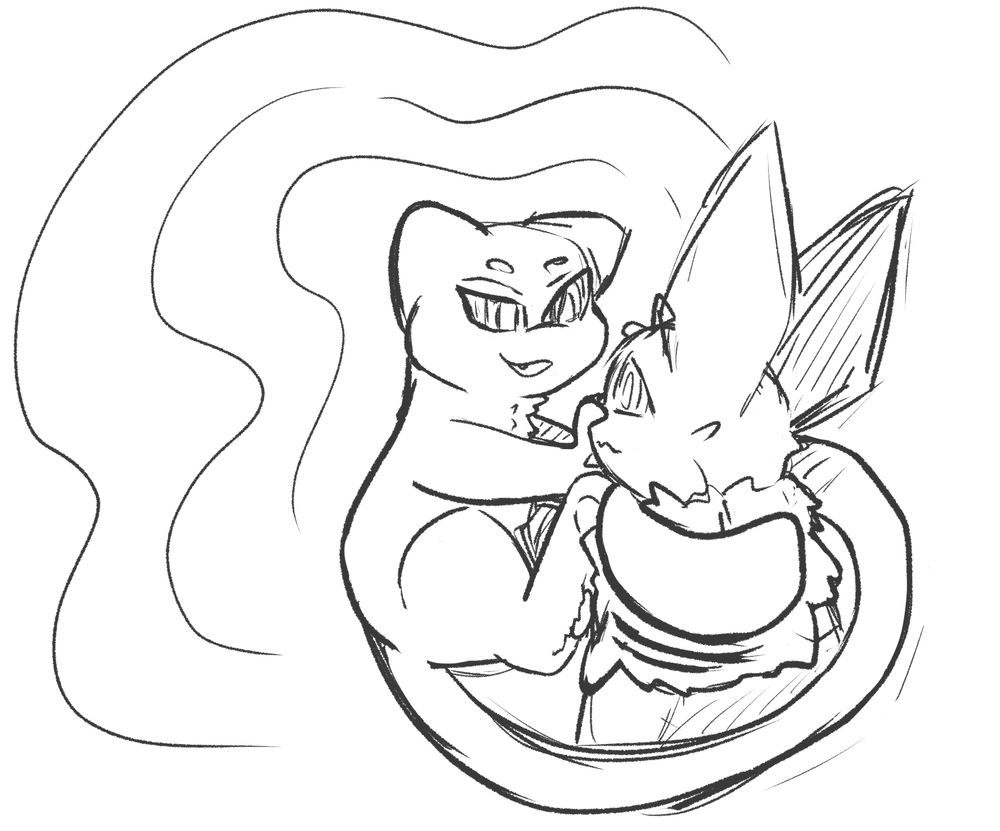 Sketch of a Mew holding an Eevee in their paws and wrapping their tail around. They are keeping the Eevee staring into their eyes while using hypnosis.