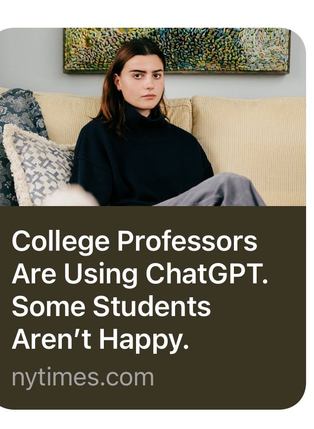 Image is of angry student from NYT article. Headline under image reads βCollege Profs are using ChatGPT. Done Sydneyβs arenβt happy.β