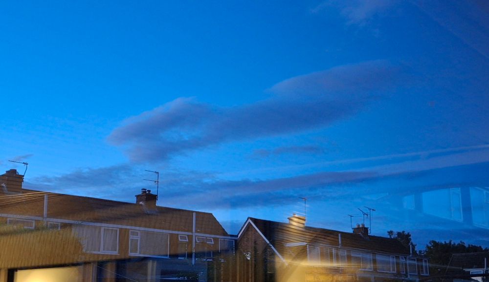 Photo of house roofs with deep blue sky above. Clouds above the houses look (to me, at least) like a dinosaur head with open mouth, with something smaller between its jaws. Other Half is not convinced. 