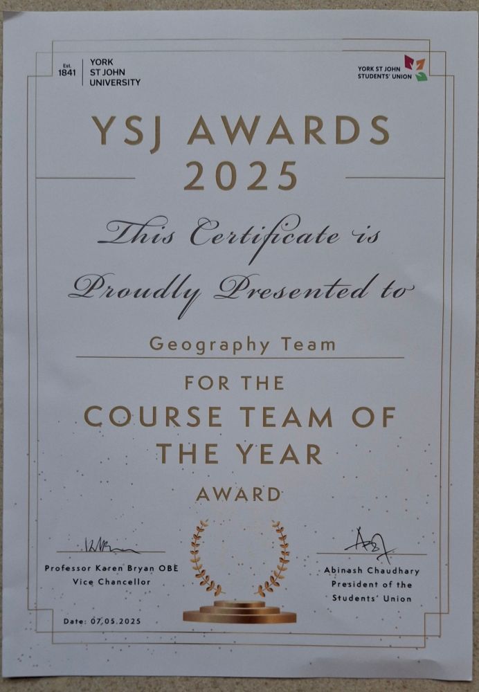 Certificate for Course Team of the Year, YSJ Awards 2025.