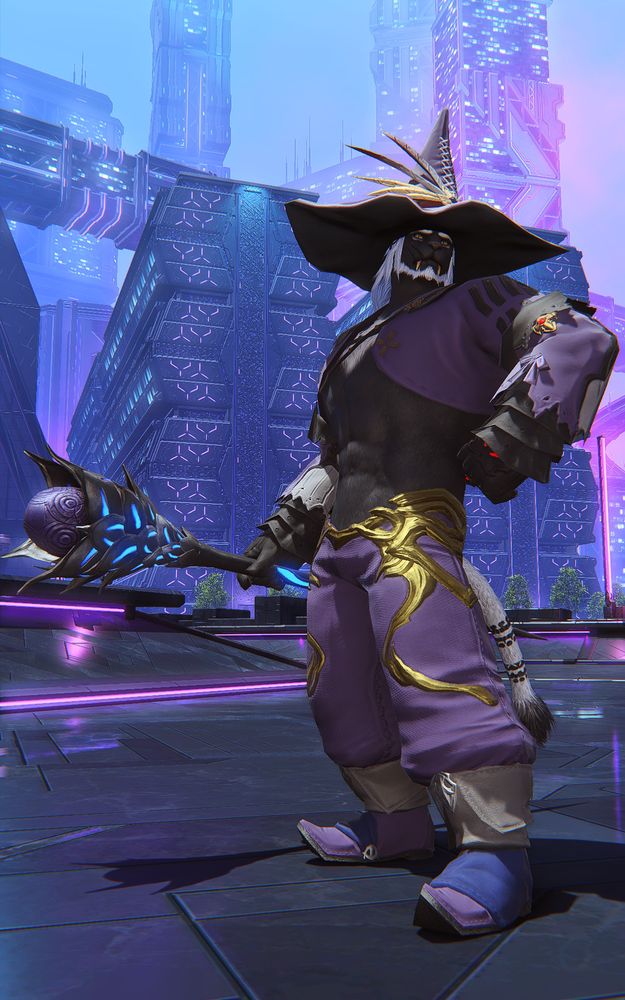 Screenshot of my Hrothgar Sigvaldr in a black mage glamour inspired by ffx-2. Now with 100% more hats