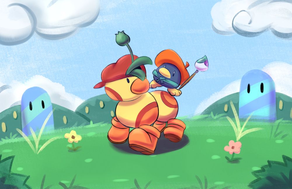Painting of Bud with Pimento atop their back, as they take the little raven to their next destination.