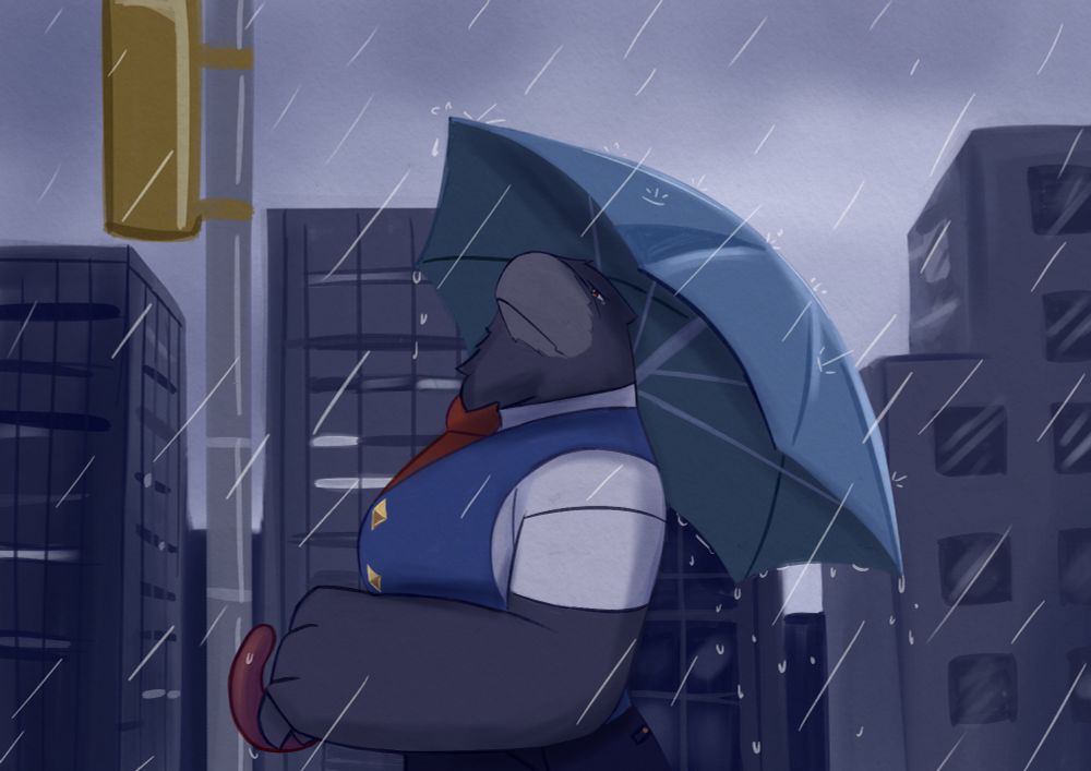 Painting of Tahimik holding an umbrella and walking through the city on a rainy day... They look up at the sky with a forlorn expression on their face.
