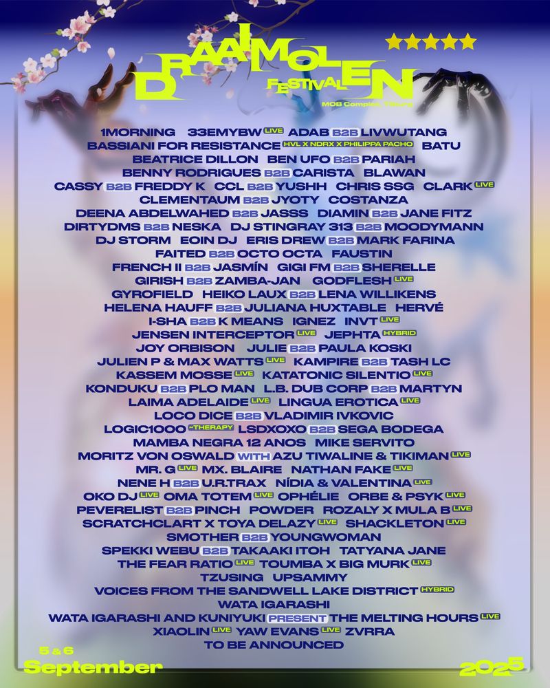 A poster of the DRAAIMOLEN FESTIVAL 2025
September 5 & 6
MOB-Complex, Tilburg

The texts says DRAAIMOLEN FESTIVAL 2025
September 5 & 6 in yellow text. The artist font is indigo/purple.