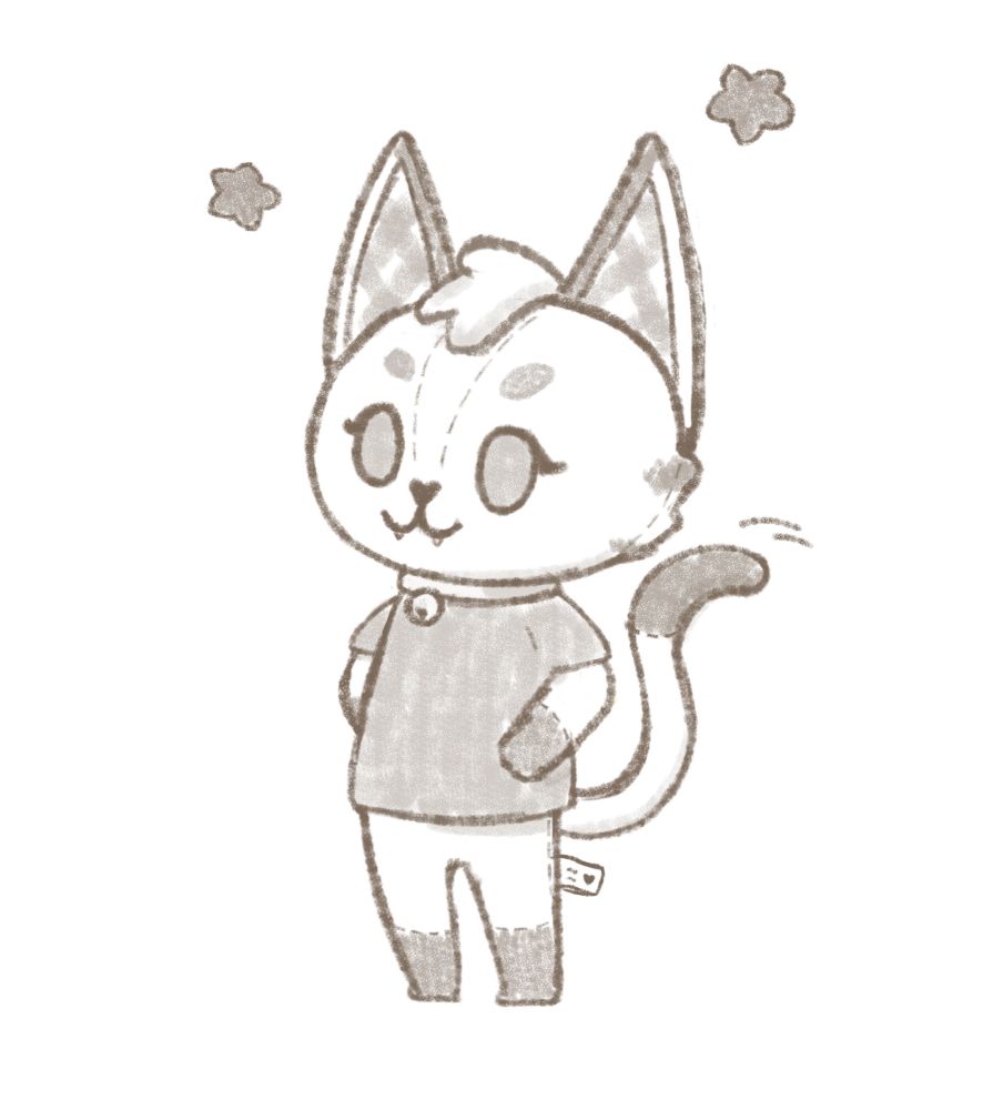 fursona Junie drawn as a cat villager, she wears a t-shirt and has her hands on her hips. 