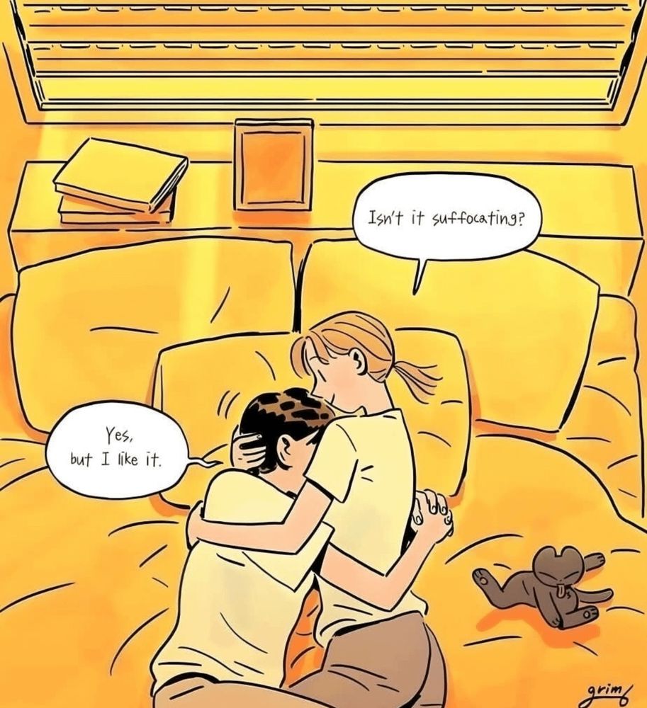 Couple on a bed, "isn't it suffocating?" "Yes, but I like it"