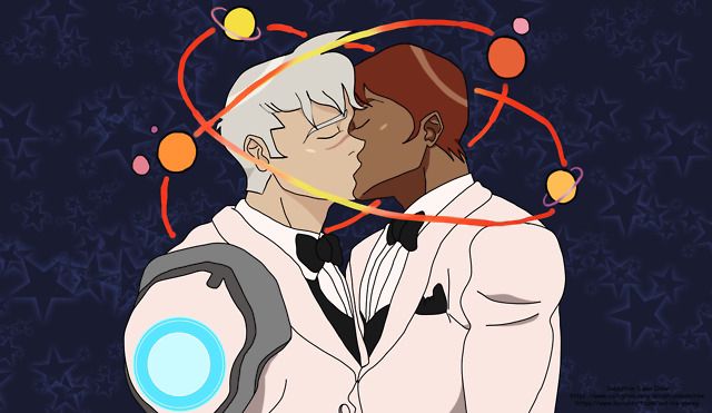Screen cap redraw of Voltron reboot series finale; digitally colored; Voltron’s Shiro kissing his husband (Curtis); Shiro has short white hair, a floating robot arm, light skin, scar across his nose, and is wearing a white tuxedo; Curtis has brown hair, medium/medium dark skin, wearing an identical tuxedo; planets circle their heads in 2 separate intersecting orbits, orbit paths are shown in changing warm colors; dark blue background with light glowing blue outlines of stars 