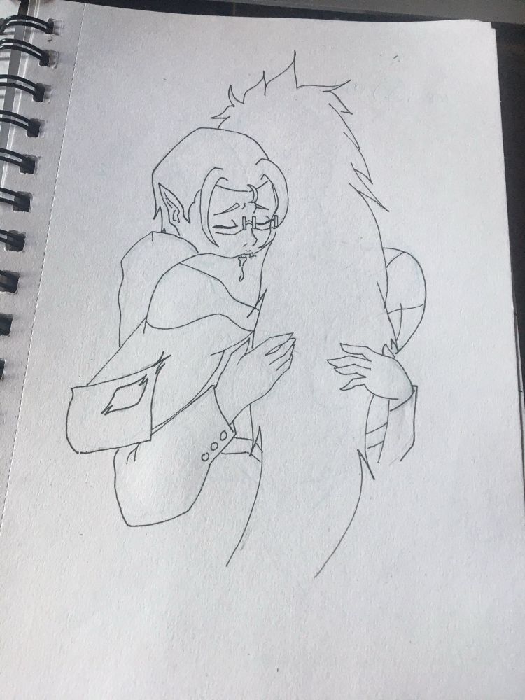 Rear view; sketchbook; Uryû & Grimmjow embracing as vampire Uryû bites into werepanther Grimmjow’s neck/shoulder area; Grimmjow has back to viewer