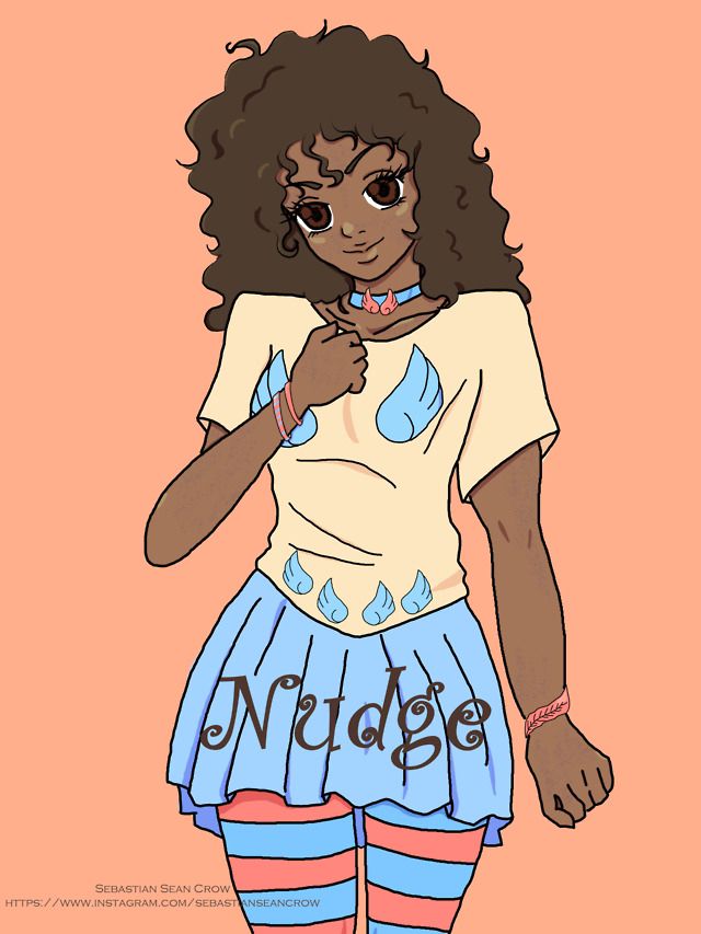 From the knee up, front view, digital colored; Nudge from James Patterson’s Maximum Ride; she has big dark brown eyes, long curly brown hair, and medium/medium dark skin (Nudge is canonically black, in the books she’s described as her skin being the color of chocolate milk or mocha); one hand held against her chest, other in a relaxed fist at her side, head titled smiling; she wears a cream short sleeve shirt with 2 big blue chibi angel wings on the chest & 4 small ones on the hem, a short pleated light blue skirt and tights with peachy orange and light blue stripes; wearing on one hand 2 bracelets in pink and orange, the other hand has a peachy feather for a bracelet, her neck has a light blue choker with peachy colored mini chibi angel wings on the band as a pendant; on her skirt in dark brown cute print it says “Nudge” 