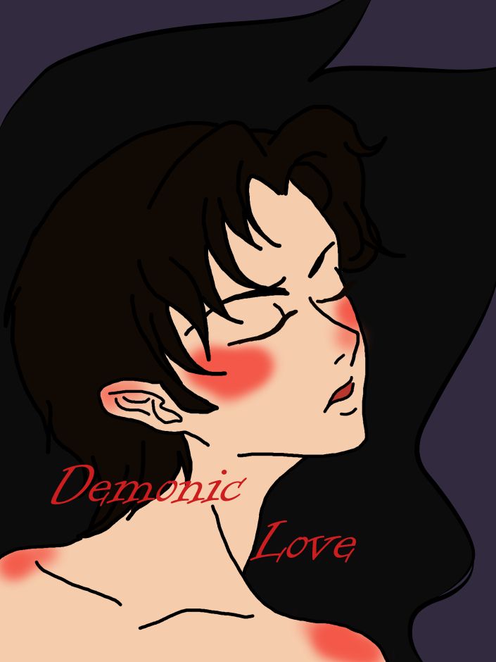 Digitally colored; cover for the story “Demonic Love” from Sebastian Sean Crow’s comic anthology “Boys Love Boys”; the MC Nate is featured from the shoulders up, slightly turned away from the viewer, he has light skin and dark hair with intense blush on his face and shoulders; there is a darkness surrounding him, the whole image overlaid onto a dark muted purplish background; bright red in the center is the title of the story “Demonic Love” in a thin horror themed font