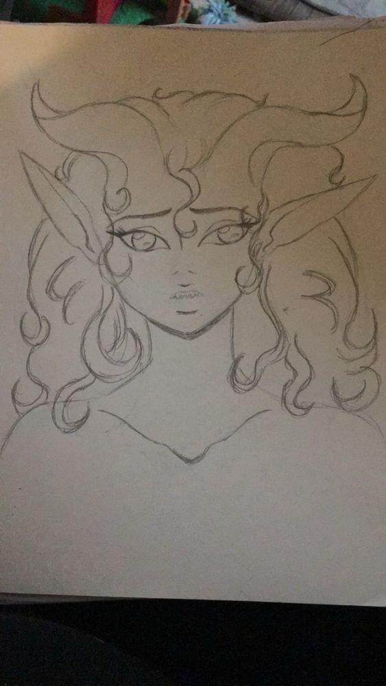 Sketchbook, pencil, front view, headshot; tiefling portrait; she has 2 long twisting horns at the top of her forehead parallel to her large eyes, long pointy ears, sharp teeth, and long wavy hair; she makes a concerned face