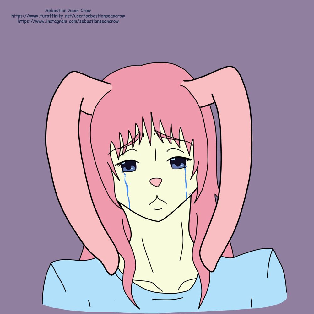 Redraw of previous piece, 10+ years later; digital art, colored, bunny girl is more rabbit like; headshot/bust, front view; yellow/peach skin, pink bunny nose, grey lightly detailed shoujo eyes, light blue shirt, medium pink hair, light pink ears