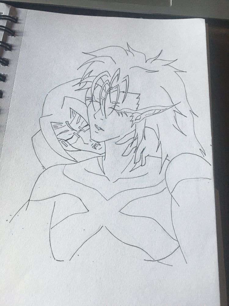 Front view; sketchbook; vampire Uryû standing behind werepanther Grimmjow (were design based on BBS Beyond Resurrecion gacha character design, vamp design based on Bleach Halloween special) about to bite into his neck